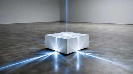 Obraz premium The Monochrome Plinth: A single minimalist white plaster cube in a vast grey space, a sharp blue laser grid overlay casting down onto the cube from above
