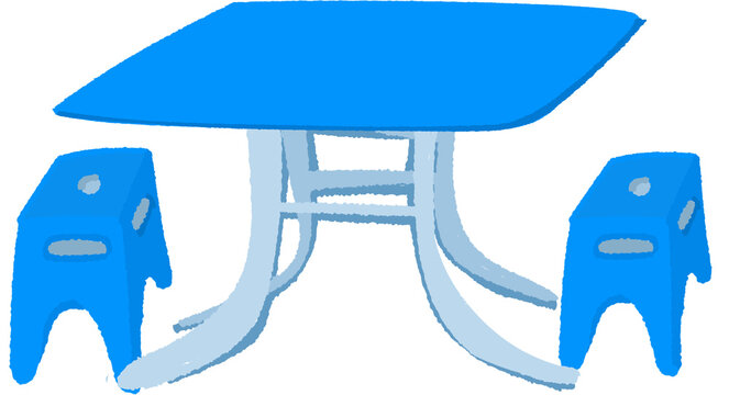 Blue outdoor picnic table with parasol umbrella illustration