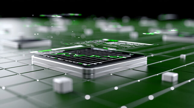 Cyberpunk Void Grid: An infinite perspective grid in deep emerald green, floating data fragments and chart overlays drifting into the dark horizon, spatial depth
