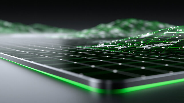 Cyberpunk Void Grid: An infinite perspective grid in deep emerald green, floating data fragments and chart overlays drifting into the dark horizon, spatial depth