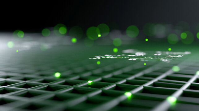 Cyberpunk Void Grid: An infinite perspective grid in deep emerald green, floating data fragments and chart overlays drifting into the dark horizon, spatial depth