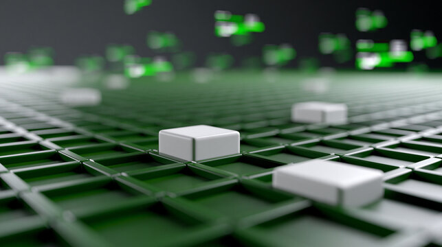 Cyberpunk Void Grid: An infinite perspective grid in deep emerald green, floating data fragments and chart overlays drifting into the dark horizon, spatial depth