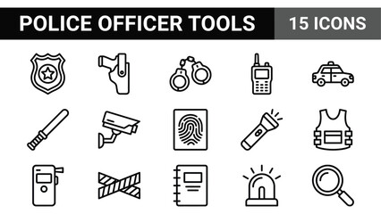 Police officer tools icon set, 15 law enforcement line icons, professional security equipment and crime justice symbols © @ahmedmaynul