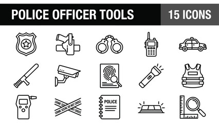 Police officer tools icon set, 15 law enforcement line icons, black and white security equipment vector graphics © @ahmedmaynul