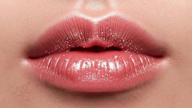 Close-Up Of Glossy Pink Lips With Shimmering Finish For Cosmetics And Beauty Aesthetic
