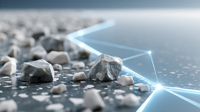 Terrazzo Tech: A flat surface of dark marble with white terrazzo chips, a thin, sharp overlay of glowing laser vectors showing a compound interest formula