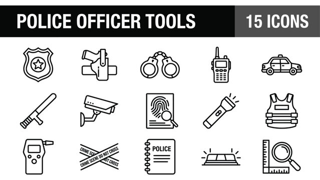 Police officer tools icon set, 15 law enforcement line icons, black and white security equipment vector graphics