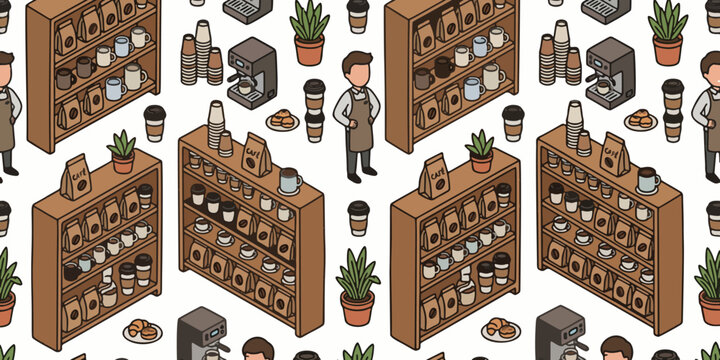 Isometric coffe shop interior with barista and woden shelves vector ilustration