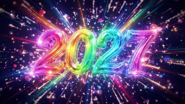 Shiny 2027 numbers glowing in multicolored lights with sparkles and rays. New year eve celebration graphic for year of the goat in chinese zodiac. Festive holiday design concept for 2027 countdown