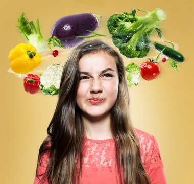 Girl with flying vegetables around her head, Composite