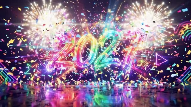 Neon 2027 glowing in rainbow hues with exploding confetti stars and geometric shapes on dark reflective floor. Futuristic new year celebration for 2027 year of the goat chinese zodiac graphic design