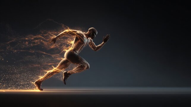 Dynamic airflow visualization flowing around sprinting athlete, glowing motion trails and energy particles, dark minimal background, concept of speed
