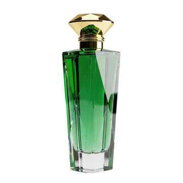 Elegant glass perfume bottle with green liquid and gold cap.