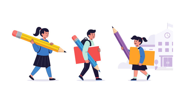 School supplies and children: Children carrying oversized school supplies like pencils and folders walk in front of a school building, symbolizing education and learning.