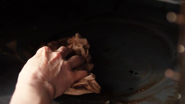 Close-up of a hand using a rag to wipe away a liquid puddle of greasy dirt and detergent from the oven bottom. The final process of deep cleaning a heavily soiled oven appliance