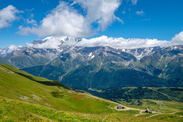 Mont Blanc massif view from alpine pastures of Les Contamines-Montjoie, France © daboost