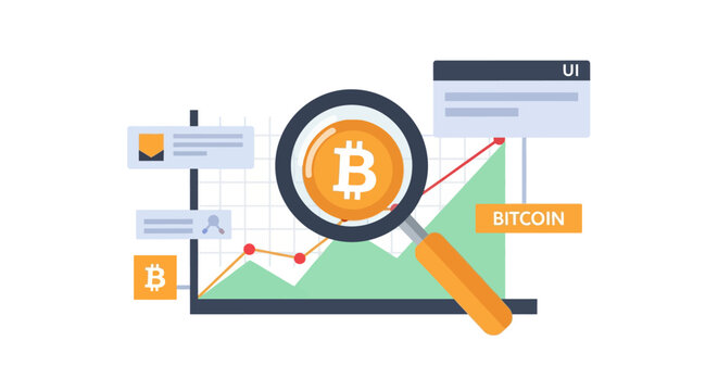 Bitcoin investment analysis with magnifying glass over chart and graph, cryptocurrency market trend research
