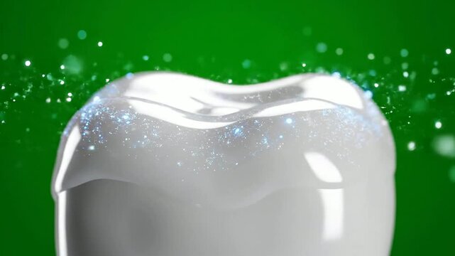 Close-Up Of Pristine White Tooth Sparkling With Effects Against Green Background For Dental Hygiene And Beauty