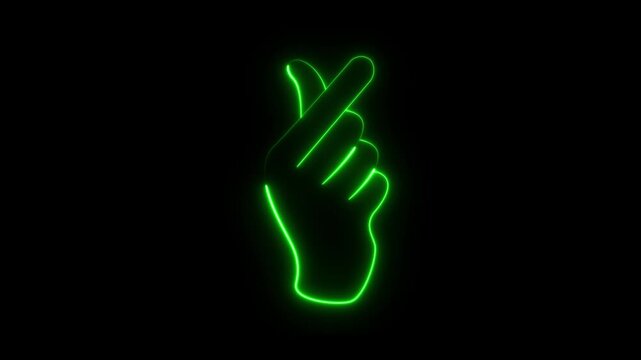 Futuristic Glowing Green Neon Korean Finger Heart Hand Gesture Icon Loop Animation on Black Background