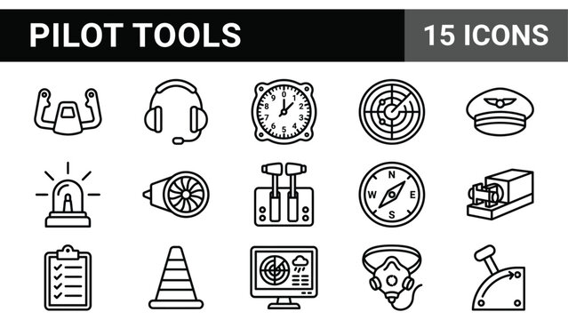 Pilot tools icon set, 15 aviation line icons, aircraft cockpit equipment symbols, flight navigation vector graphics