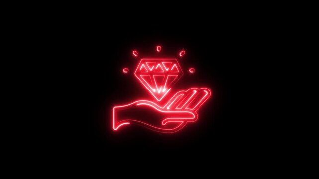 Futuristic Glowing Red Neon Hand Holding Diamond Icon Loop Animation on Black Background