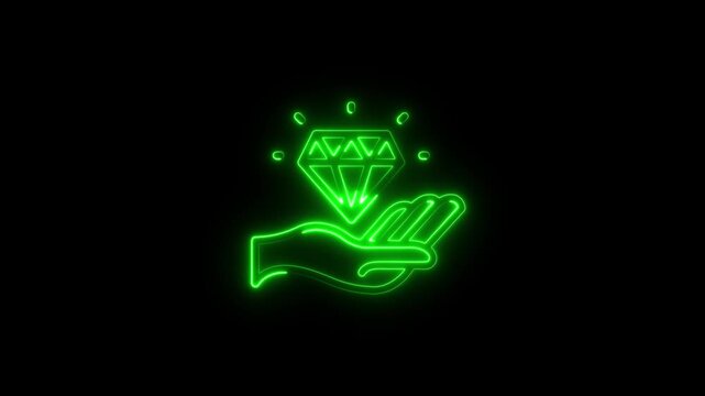 Futuristic Glowing Green Neon Hand Holding Diamond Icon Loop Animation on Black Background