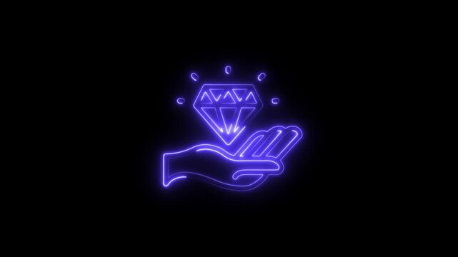 Futuristic Glowing Blue Neon Hand Holding Diamond Icon Loop Animation on Black Background