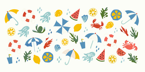 summer beach elements illustration with umbrellas watermelon and crabs © Dilip