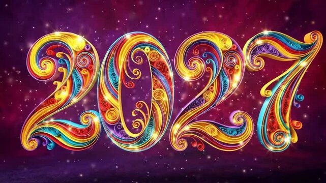 Colorful quilled numbers 2027 with swirling patterns in vibrant hues. New year 2027 design for year of the sheep. Festive chinese zodiac greeting card illustration