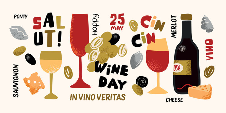 restaurant menu design set of elements with wine glasses and bottles, textured modern, creative vector illustration 