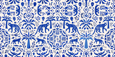 tropical animal pattern with blue leopards and toucans © Dilip