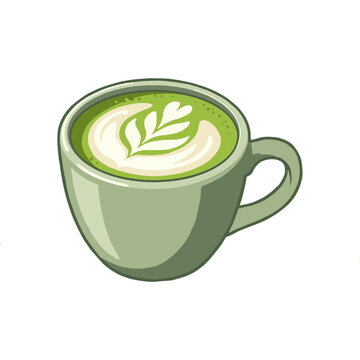 Hot matcha latte in green ceramic cup, green tea foam art vector illustration