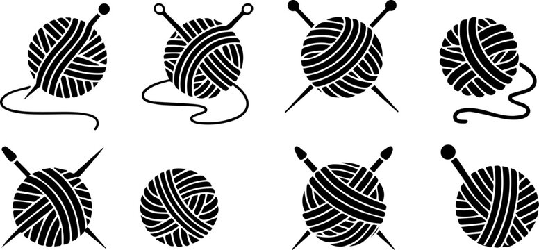 Yarn Ball Line art vector set clean abstract shape, Minimalist yarn ball icons, black and white wool clew vector set, knitting and crochet supplies for craft shop branding and hobby projects, Knitting