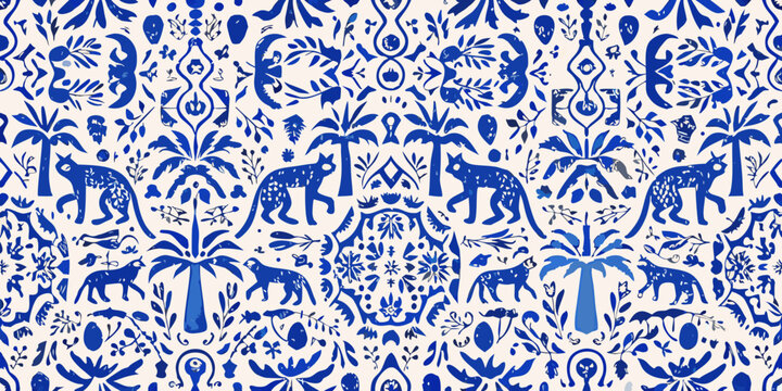 tropical animal pattern with blue leopards and toucans