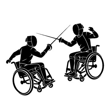 Silhouette of two wheelchair fencers competing in a match.