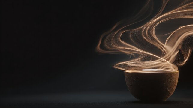 Luxury coffee cup with elegant airflow visualization showing warm aroma rising in flowing abstract lines, dark cozy atmosphere, sensory experience