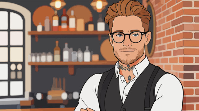 Stylish Male Bartender Standing Behind His Bar Counter