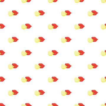 Red lips blowing yellow bubble gum repeating in a seamless pop art pattern
