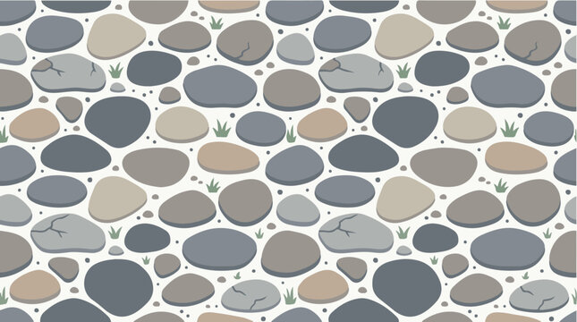 Seamless pebble stone pattern with smooth rounded rocks in gray, beige, and white tones.