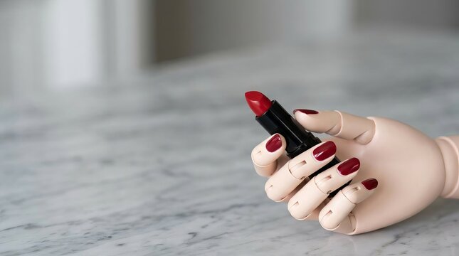 A prosthetic robotic hand holding a vibrant red lipstick.