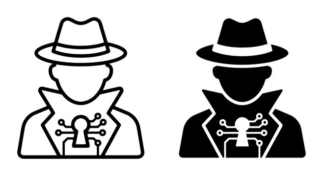Spy Hacker Icons: Silhouette and Outline of Cyber Criminal with Circuit Board Detail, Digital Security Concept, Anonymous Agent Vector Set
