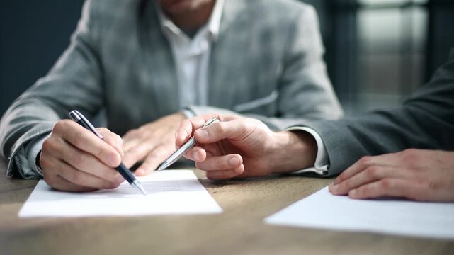 Two people sit at a wooden table