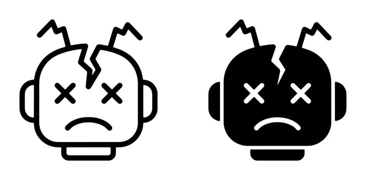 Broken Robot Icon, Sad Face, Cracked Head, Dead Eyes, Technology Failure, Error Symbol, Digital Glitch, System Crash