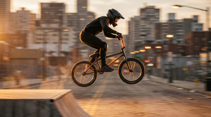 Fototapeta premium Bmx rider performing a trick at an urban skate park.