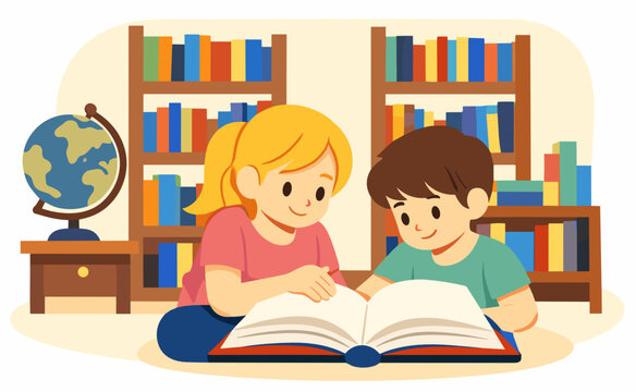 A girl and a boy sitting together on the floor reading a large open book in a room full of bookshelves and a globe. Concept of learning and shared discovery.