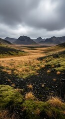 Obraz premium Vast Tundra Landscape with Rolling Hills and Dramatic Cloudy Sky in Autumn