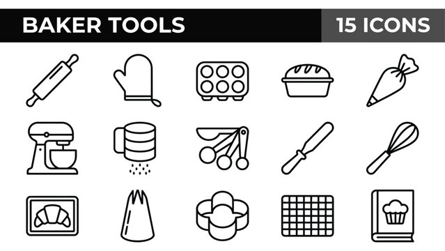 Baker tools line icon set, 15 professional baking equipment symbols, kitchen utensils for pastry and bread making