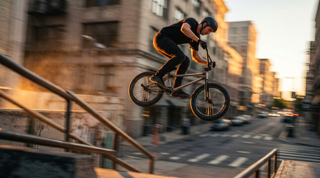 Bmx rider performing a trick at an urban skate park.