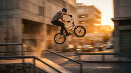 Fototapeta premium Bmx rider performing a trick at an urban skate park.