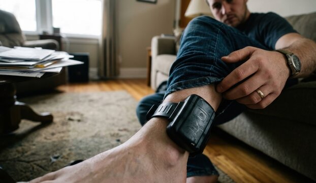 Man wearing electronic ankle bracelet for house arrest close up